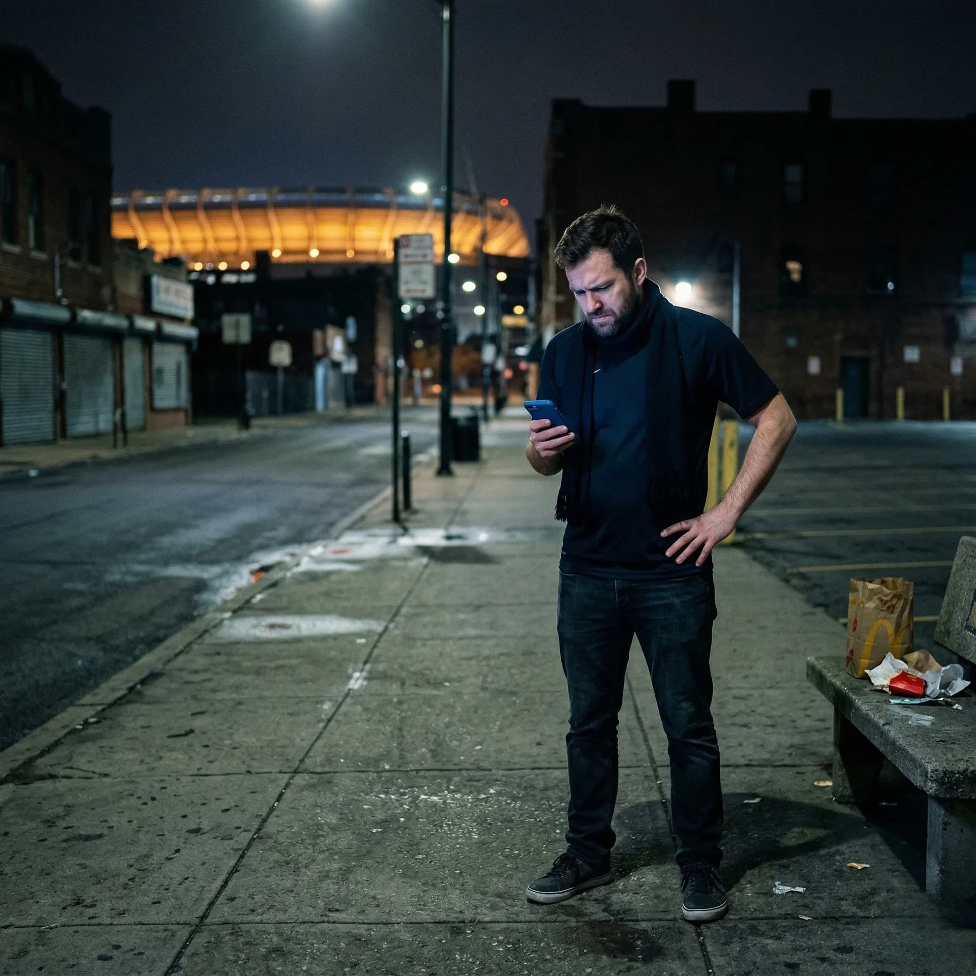 Lost fan looking at phone outside a chain restaurant
